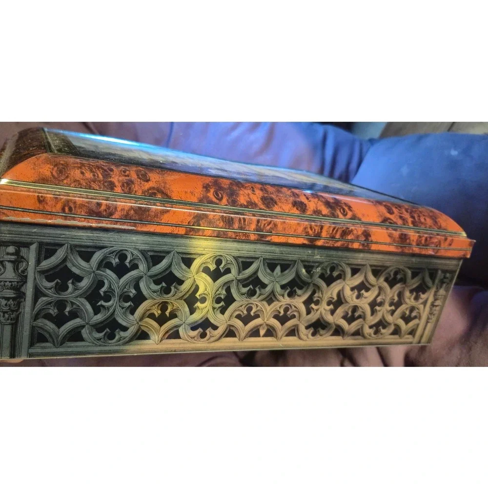 Vintage Neuschwanstein Castle Large‎ Metal Tin Box Germany Gothic Faux Burl 14in
